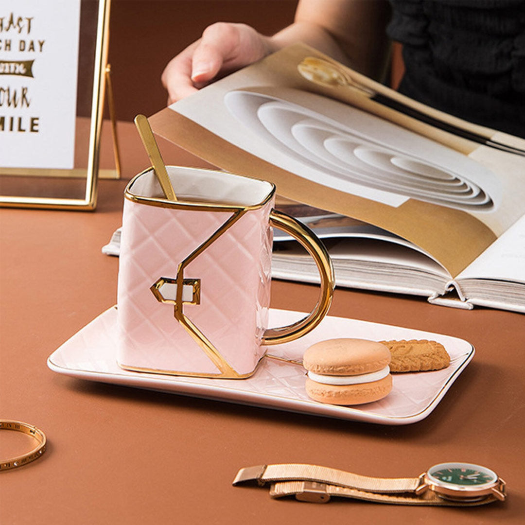 Handbag-Shaped Creative Mug With Saucer & Spoon