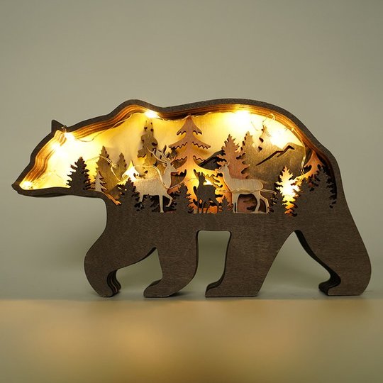 Multi Layer 3D Bear Wooden Carfts Wall Statue Freestanding Art Decor with Lights