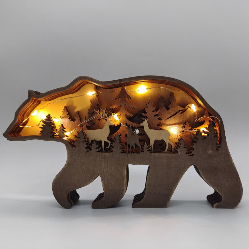 Multi Layer 3D Bear Wooden Carfts Wall Statue Freestanding Art Decor with Lights