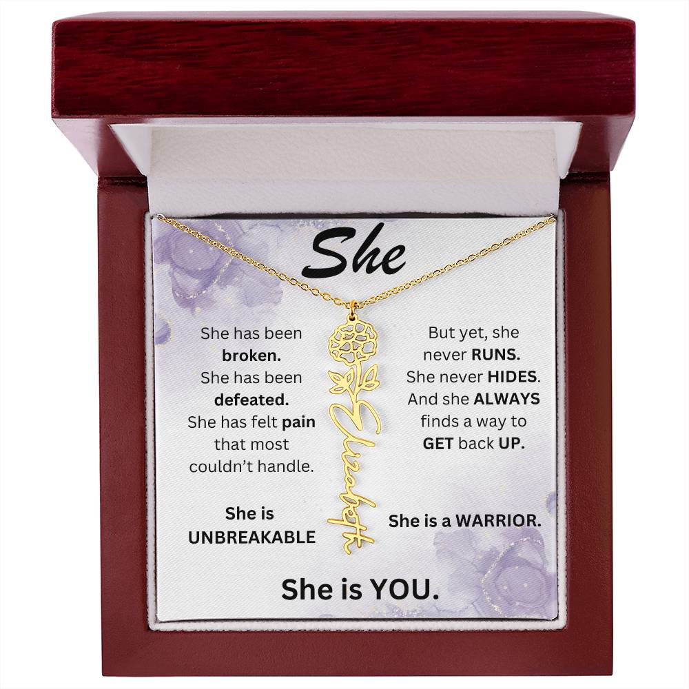 "She" Birth Flower Name Necklace