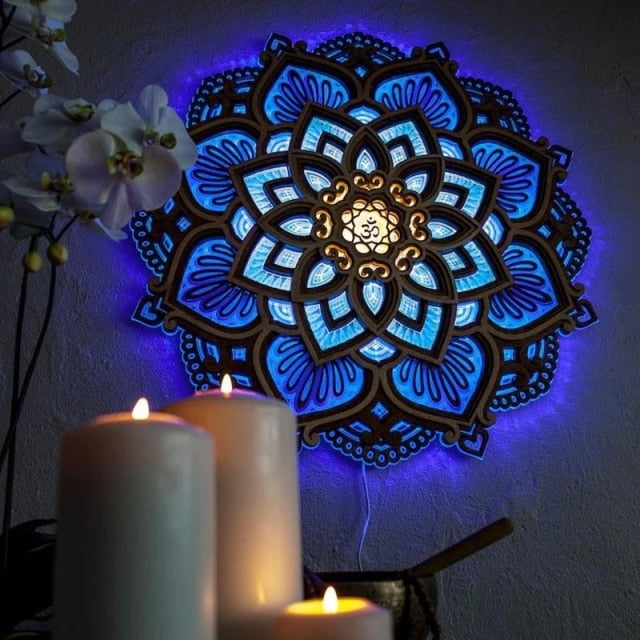 Handmade wooden mandala wall lamp