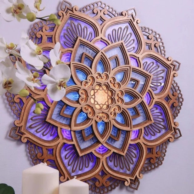 Handmade wooden mandala wall lamp